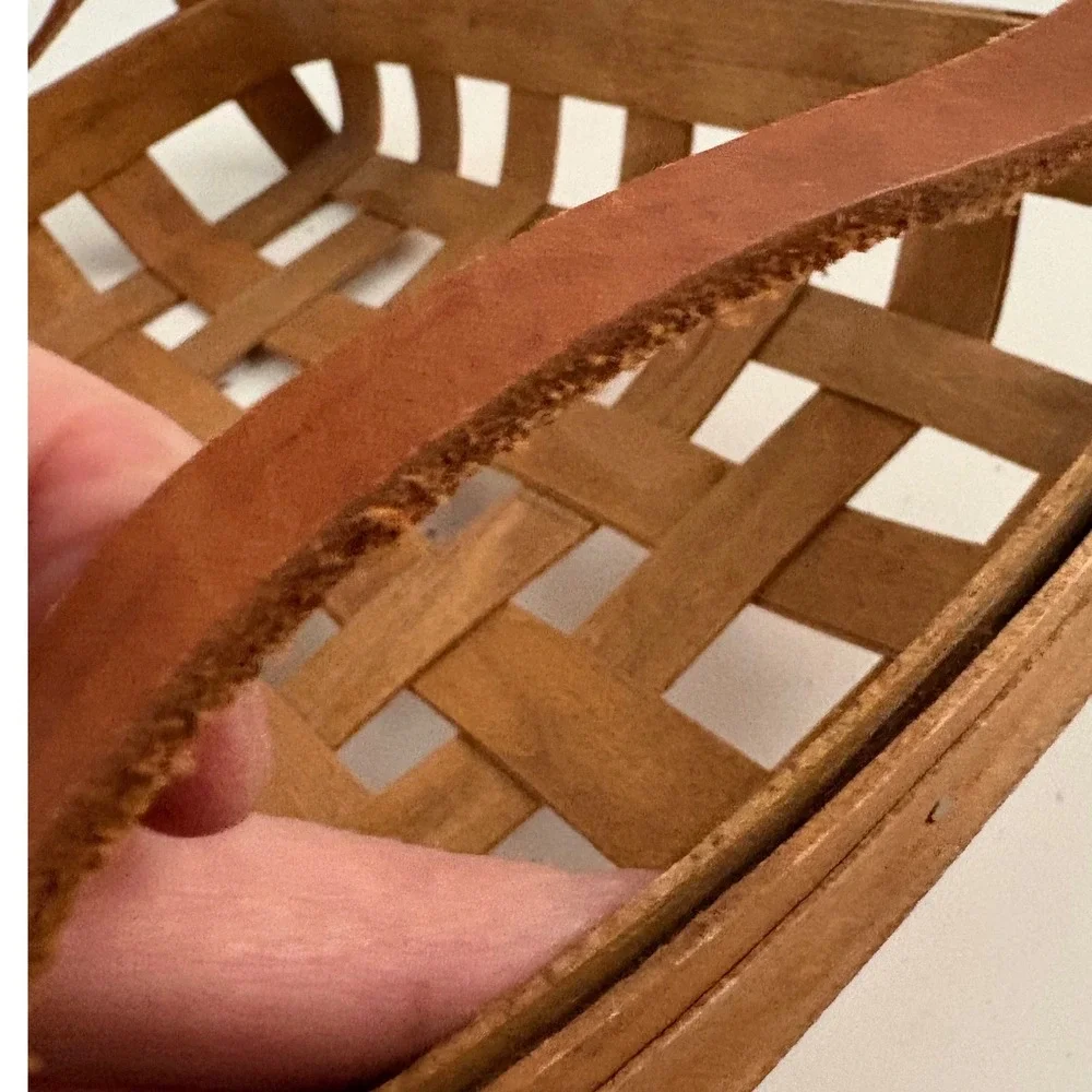 Workshops of Gerald E Henn Woven Wood Basket Leather Handles Rectangular Tray